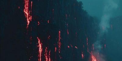 Dark Cliff Face with Red Lava Streams Night Scene photo