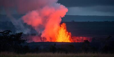 Volcano Eruption at Night Lava Flow with Smoke and Glowing Orange Red Colors photo