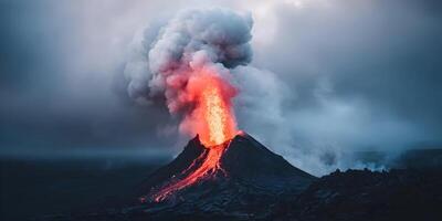Erupting Volcano with Lava and Smoke Dramatic Volcanic Eruption Fiery Magma Flowing Down Mountainside photo