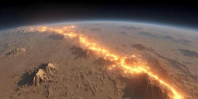 Alien Planet Lava Flow Glowing Mountains Desert Landscape photo
