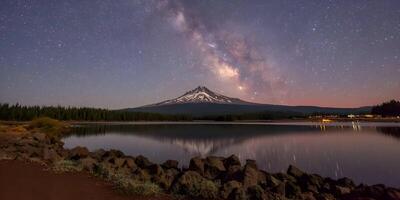 Night Sky Milky Way Galaxy Over Mount Jefferson Reflection in Calm Lake photo