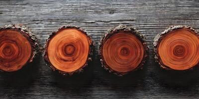 Four Tree Round Cut Wood Slabs on Gray Wooden Background photo