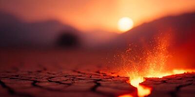 Sunset Landscape with Crack in Dry Ground and Fire Sparks photo