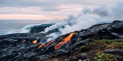 Ocean Waves Crashing Against Volcanic Lava Flow with Smoke photo