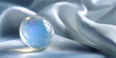 Opal Gemstone on Silk Fabric Blue Iridescent Sphere Smooth Surface Elegant Luxury Jewel photo