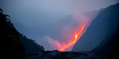 Volcanic Eruption Lava Flowing Down Mountainside Night Time Eruption photo