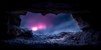 Pink Sunset View Through Broken Wall Hole photo