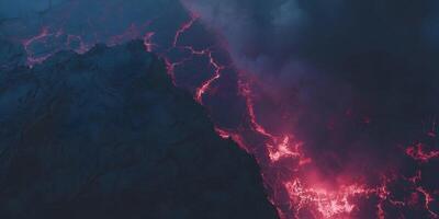 Aerial View of Red Hot Lava Flowing Down a Volcano at Night Dark Volcanic Rock Surface Texture photo