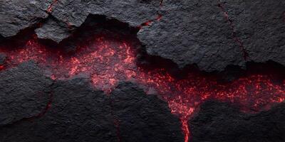 Dark Gray Rock Texture with Glowing Red Lava Cracks photo