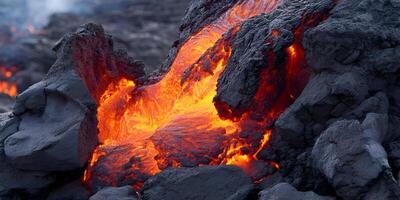 Closeup Molten Lava Flowing Through Dark Volcanic Rocks Intense Orange and Red Colors Hot Magma Eruption photo