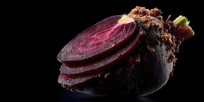 Closeup Red Beetroot Sliced Showing Rich Color and Texture Soil on Skin Isolated Black Background photo