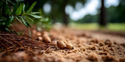 Two Nuts on Sandy Ground Near Green Plant and Trees photo