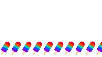 Rainbow popsicles diagonally aligned on a white background forming a colorful and fun layout ideal for summer treats or cheerful visuals video