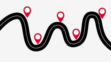 Complex winding road design featuring several location markers, representing a detailed journey with multiple planned stops or turns video