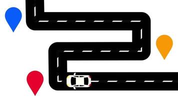Illustrated city road featuring navigation pins in various colors representing destinations or checkpoints on a mapped journey video