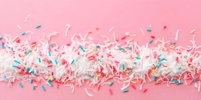 Sweet White Coconut Flakes with Colorful Sprinkles on Pink Background photo