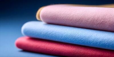 Stack of Soft Pink Blue and Red Fabric Rolls Closeup Texture photo