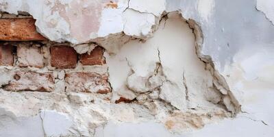 Old Weathered Wall Brickwork Texture Damaged Plaster Brown Red White Grey photo