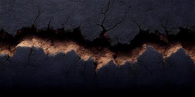 Dark Gray Cracked Surface with Brown Powder Filling Cracks Texture Background photo