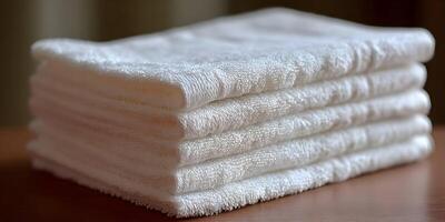 Neat Stack of Six White Soft Terrycloth Towels on Wooden Surface photo