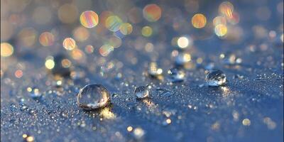 Closeup Dew Drops on Blue Surface Sparkling Bokeh Background photo