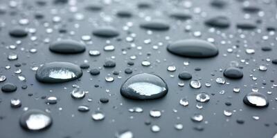 Closeup Water Droplets on Dark Gray Surface Many Sizes photo