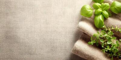 Fresh Basil and Oregano Herbs on Burlap Fabric Background photo