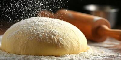 Closeup of Dough Ball Covered in Flour with Rolling Pin in Background photo