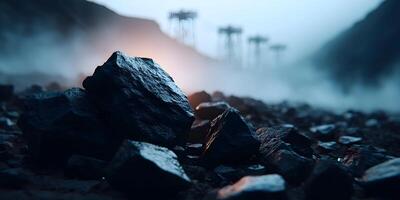 Dark Rocks Misty Mountain Landscape Industrial Structures Background photo