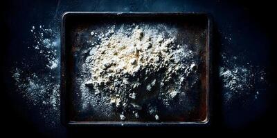 Pile of Flour on Rusty Baking Sheet Dark Background Food Photography photo
