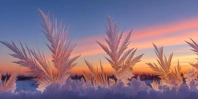 Frozen Window Pane with Ice Crystals Sunset Background photo