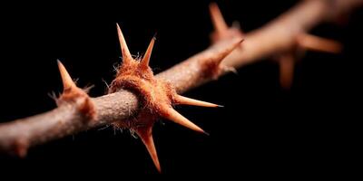 Closeup of Brown Thorny Branch with Fuzzy Texture Dark Background photo