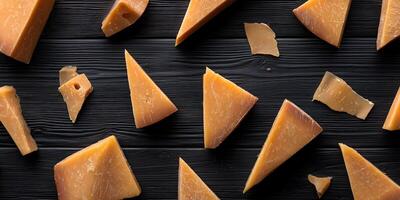 Overhead Flatlay Many Pieces Gouda Cheese Dark Wood Background photo