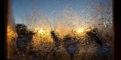 Sunrise Through Dew Covered Window Pane Golden Hour Light photo