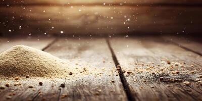 Pile of Breadcrumbs on Wooden Table Background photo