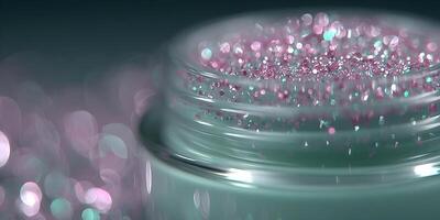 Pink and Teal Glitter in Jar Closeup Photo Sparkling Shimmer Texture Background