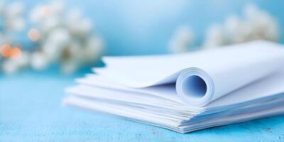 Stack of White Paper Sheets Rolled on Blue Wooden Table photo