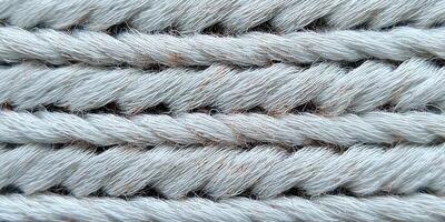 Detailed Closeup of Light Gray Yarn Texture Twisted Threads Fabric Background photo