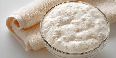 Foamy Yeast Starter in Glass Bowl with Beige Towel photo