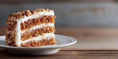 Delicious ThreeLayer Carrot Cake Slice with Cream Cheese Frosting and Pecan Topping on Wooden Table photo