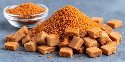 Brown Sugar Cubes and Granulated Brown Sugar Pile on Gray Surface photo