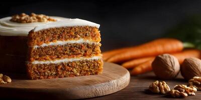 Delicious ThreeLayer Carrot Cake with Cream Cheese Frosting Walnuts and Carrots photo