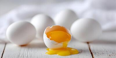 Broken Egg Yolk and Shell with White Eggs on White Wooden Table photo