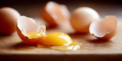 Broken Eggshell with Yolk on Wooden Board Closeup Photography photo