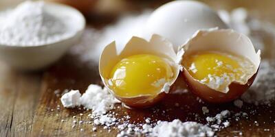 Broken Eggshells with Yolks and Flour on Wooden Table photo