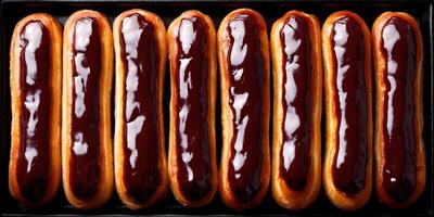 Eight Chocolate Eclairs in a Black Tray Top View photo