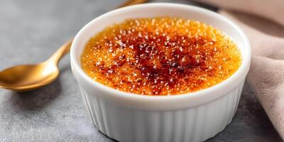 Closeup of Cr me br l e in White Ramekin Golden Spoon photo