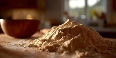 Pile of Flour on Wooden Surface Kitchen Setting photo