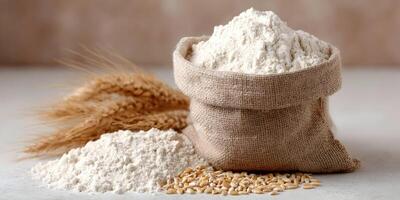 Wheat Flour in Burlap Sack with Wheat Ears Grains photo