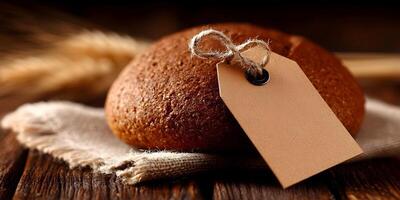 Round Loaf Rye Bread Rustic Bakery Wheat Grains Wooden Table Brown Paper Tag photo